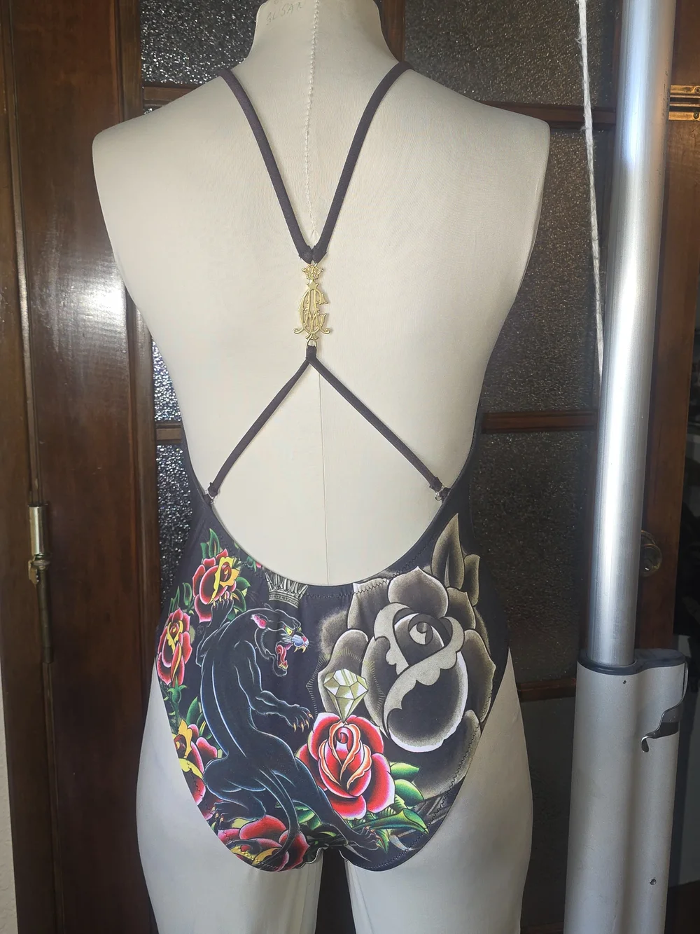 Christian Audigier Black One-Piece Swimsuit with Red Roses and Blue Gems